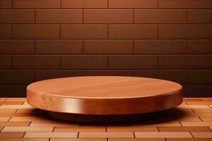 AI generated Wooden round podium on brick floor for product display photo