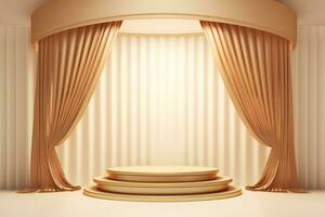 AI generated Gold luxurious podium stage with curtain. Can be used for display your product photo