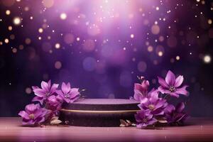 AI generated Luxurious podium with beautiful flowers on blurred purple background with bokeh and sparkle photo