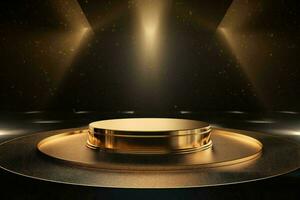 AI generated Luxurious gold podium stage on dark background with lights and sparkle. Can be used for display your product photo