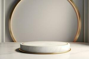 AI generated Minimalist white round podium with gold frame. Can be used for display your product photo