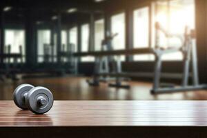 AI generated Wooden table top with dumbbell on blurred gym background photo