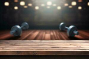 AI generated Empty wooden table top on blurred gym background. Can be used for display your product photo