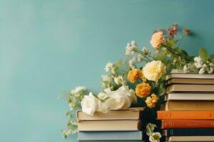 AI generated Stack of books with rose flowers background photo