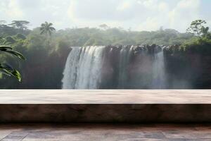 AI generated Empty stone floor on nature background with waterfall, free space for product display photo