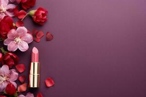 AI generated Lipstick and flowers on dark purple background with copy space, top view, flat lay photo