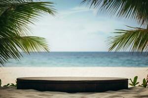 AI generated Empty podium with sand and palm leaves on beach background photo