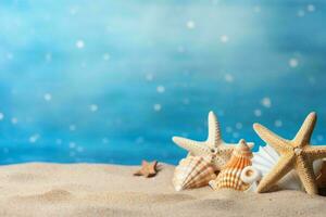 AI generated Starfish and shells on beach sand with blue sea water copy space background photo