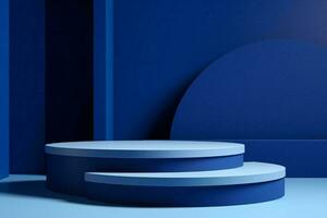 AI generated Minimalist podium stage with blue background. Can be used for display your product photo