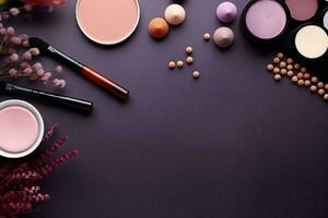 AI generated Make up tools on dark purple background with copy space, top view, flat lay photo