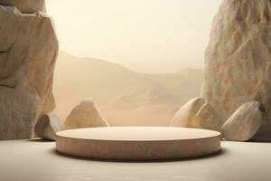 AI generated Round stone podium with rock mountain background. Can be used for display your product photo