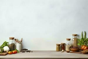 AI generated Cooking spices and herbs on wooden table and white wall photo