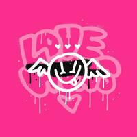 Love wins words in a graffiti style with cupid emoticon. Decorative Valentine's day letters in street art urban theme for wall art, greeting cards. Trendy 90s vintage Vector Illustration
