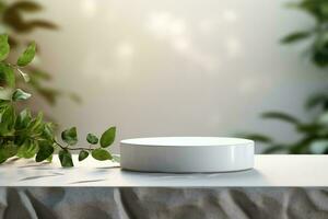 AI generated Round podium with plant on blurred background, for product display photo