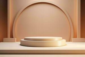 AI generated Round podium stage with semi circle decorative wall for product display photo