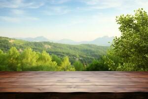 AI generated Empty wooden table top on nature background, empty space for product display photo