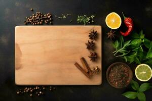 AI generated Empty wooden cutting board with spices and herbs on dark table, flat lay, top view photo