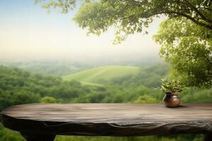 AI generated Wooden table with flower pot on landscape background, empty space for product display photo