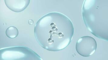 Molecule in liquid bubble, cosmetic science concept, 3d rendering video