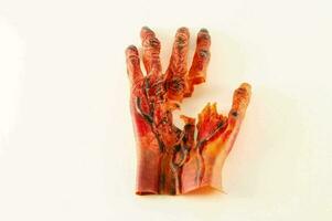 a hand with a piece of red and orange plastic photo