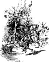 Caballero montando caballo con un niño participación sobre caballero, Clásico ilustración vector