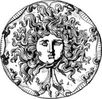 farnese medusa cabeza plato es un ónix pátera o negro plato, Clásico grabado. vector