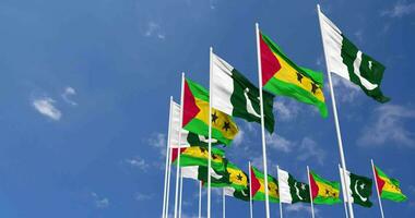 Pakistan and Sao Tome and Principe Flags Waving Together in the Sky, Seamless Loop in Wind, Space on Left Side for Design or Information, 3D Rendering video