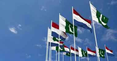 Pakistan and Netherlands Flags Waving Together in the Sky, Seamless Loop in Wind, Space on Left Side for Design or Information, 3D Rendering video