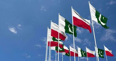 Pakistan and Poland Flags Waving Together in the Sky, Seamless Loop in Wind, Space on Left Side for Design or Information, 3D Rendering video