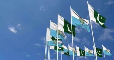 Pakistan e san Marino bandiere agitando insieme nel il cielo, senza soluzione di continuità ciclo continuo nel vento, spazio su sinistra lato per design o informazione, 3d interpretazione video
