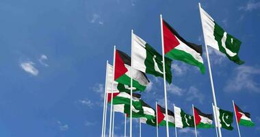 Pakistan and Palestine Flags Waving Together in the Sky, Seamless Loop in Wind, Space on Left Side for Design or Information, 3D Rendering video