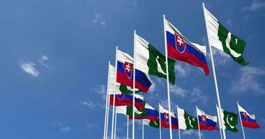 Pakistan and Slovakia Flags Waving Together in the Sky, Seamless Loop in Wind, Space on Left Side for Design or Information, 3D Rendering video