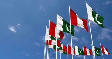 Pakistan and Peru Flags Waving Together in the Sky, Seamless Loop in Wind, Space on Left Side for Design or Information, 3D Rendering video