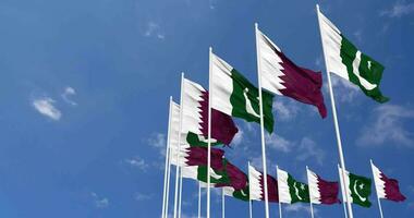 Pakistan and Qatar Flags Waving Together in the Sky, Seamless Loop in Wind, Space on Left Side for Design or Information, 3D Rendering video