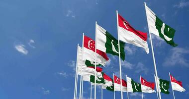 Pakistan and Singapore Flags Waving Together in the Sky, Seamless Loop in Wind, Space on Left Side for Design or Information, 3D Rendering video
