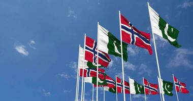 Pakistan and Norway Flags Waving Together in the Sky, Seamless Loop in Wind, Space on Left Side for Design or Information, 3D Rendering video