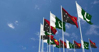 Pakistan and Papua New Guinea Flags Waving Together in the Sky, Seamless Loop in Wind, Space on Left Side for Design or Information, 3D Rendering video