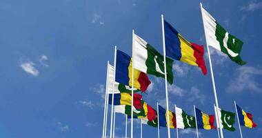 Pakistan and Romania Flags Waving Together in the Sky, Seamless Loop in Wind, Space on Left Side for Design or Information, 3D Rendering video