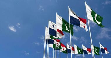 Pakistan and Panama Flags Waving Together in the Sky, Seamless Loop in Wind, Space on Left Side for Design or Information, 3D Rendering video