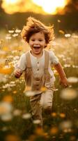 AI generated A fun and playful shot of a child running through a field of wildflowers, capturing the joy and freedom photo