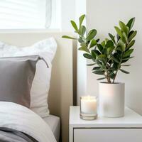 AI generated cozy bedroom with a small plant on the nightstand, adding a natural touch to the space. photo