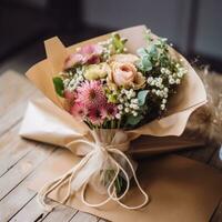 AI generated A bouquet of flowers wrapped in brown paper and tied with twine, a simple yet elegant way photo