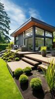 AI generated modern home with a striking angular design features a beautiful wooden deck and lush landscaping photo