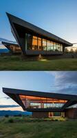 AI generated A modern home with a dramatic butterfly roof and a wall of glass provides breathtaking views. photo