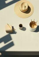 AI generated various containers filled with notepad and a rattan hat, play with light and shadow photo