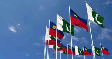 Pakistan and Liechtenstein Flags Waving Together in the Sky, Seamless Loop in Wind, Space on Left Side for Design or Information, 3D Rendering video