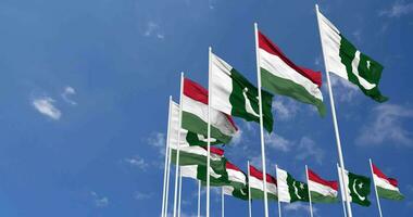 Pakistan and Hungary Flags Waving Together in the Sky, Seamless Loop in Wind, Space on Left Side for Design or Information, 3D Rendering video