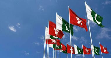 Pakistan and Hong Kong Flags Waving Together in the Sky, Seamless Loop in Wind, Space on Left Side for Design or Information, 3D Rendering video