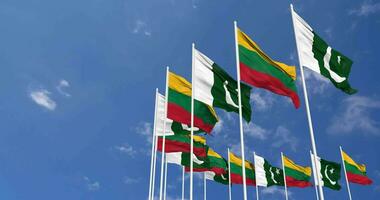 Pakistan and Lithuania Flags Waving Together in the Sky, Seamless Loop in Wind, Space on Left Side for Design or Information, 3D Rendering video