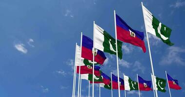 Pakistan and Haiti Flags Waving Together in the Sky, Seamless Loop in Wind, Space on Left Side for Design or Information, 3D Rendering video